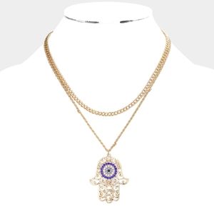 Double Layered Evil Eye Hamsa Hand Pendant Necklace Filigree Chain